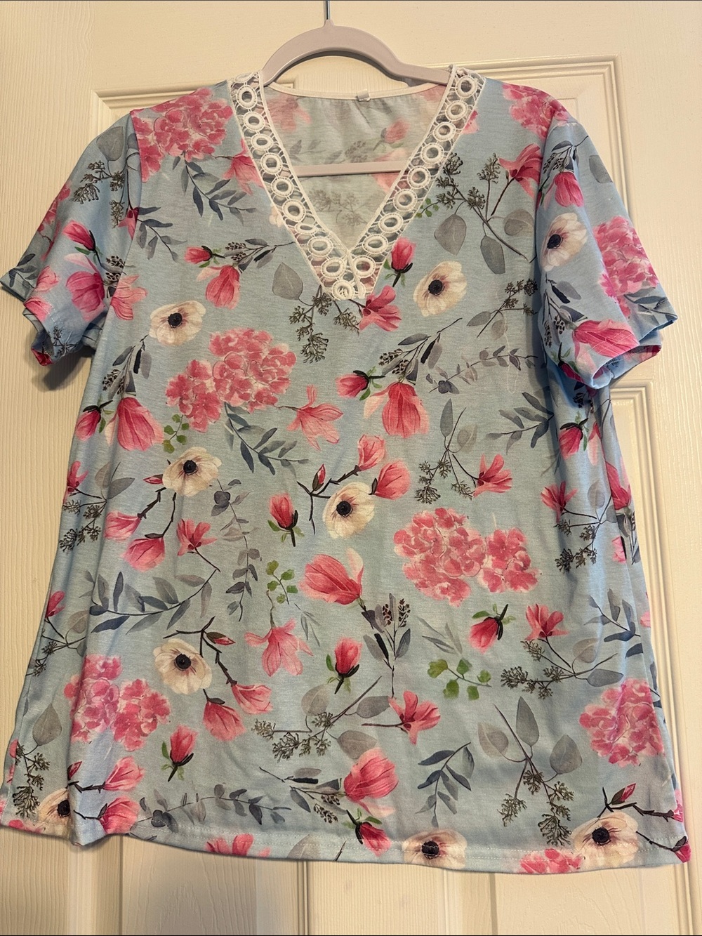 Floral Lace-Trim V-Neck Top - Pink Floral on Light Blue